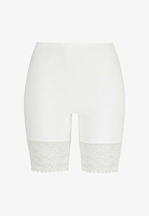 Weiße Shapewear-Shorts mit Spitzenbesatz an den Oberschenkeln, mit glatter Stofftextur und engem Design für eine nahtlose Abdeckung.