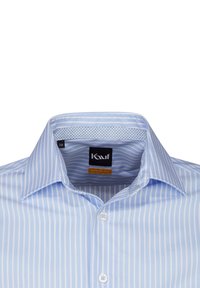 Camicia a righe azzurro chiaro con colletto button-down, bottoni bianchi e design a pois all'interno del colletto. Realizzata in tessuto liscio.