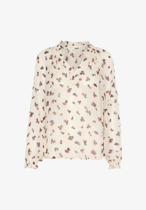 Blouse blanche avec un motif floral multicolore, manches longues bouffantes, décolleté en v, et un détail froncé au niveau du col et des poignets.