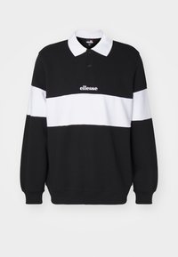 Juoda ir balta ilgų rankovių polo marškiniai, su balta horizontalia juosta, banguotais rankogaliais ir siuvinėtu „ellesse“ logotipu ant krūtinės.