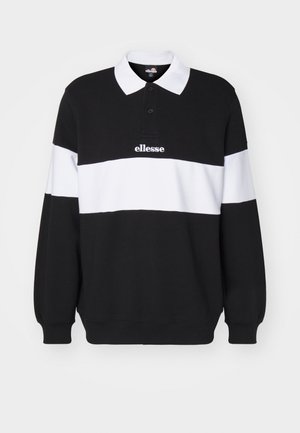 Juoda ir balta ilgų rankovių polo marškiniai, su balta horizontalia juosta, banguotais rankogaliais ir siuvinėtu „ellesse“ logotipu ant krūtinės.