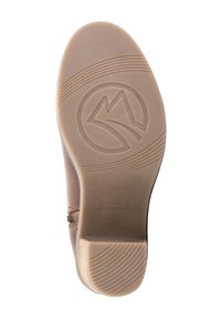 Bruine leren schoenzool met een beige rubberen basis, met een berglogo en getextureerde loopprofielen voor grip. Maat 37 aangegeven.