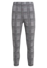 Pantaloni a scacchi in tonalità grigie, nere e rosse. Realizzati in un tessuto morbido con una vita elastica e un design aderente.