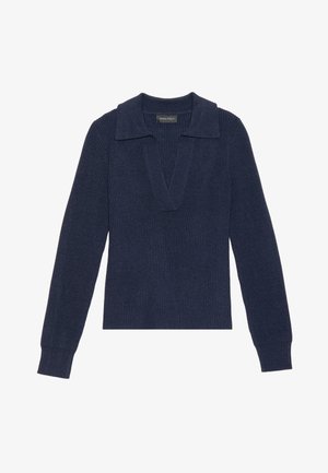 Sweater azul-marinho com riscas, com decote em V e colarinho, apresentando mangas longas e um acabamento ajustado. Fabricado a partir de um material de malha texturizada.