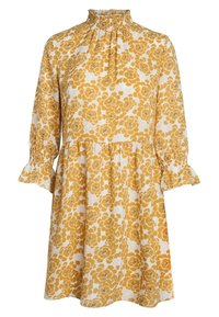 Vestido floral con un escote fruncido alto, mangas largas con puños con volantes y una falda en capas en un patrón floral amarillo y blanco.