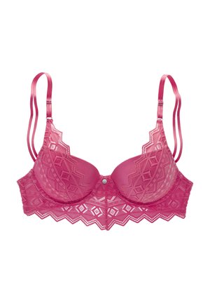 Pink lace bra with padded cups, geometric patterns, scalloped edges, and satin straps. Features a decorative button at the center.