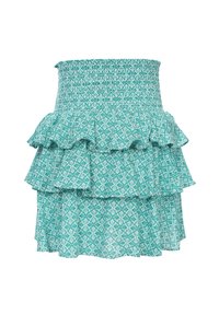 Uitlopende groene rok met gelaagde ruches, voorzien van een wit loofpatroon en een smocktail voor rek en comfort.