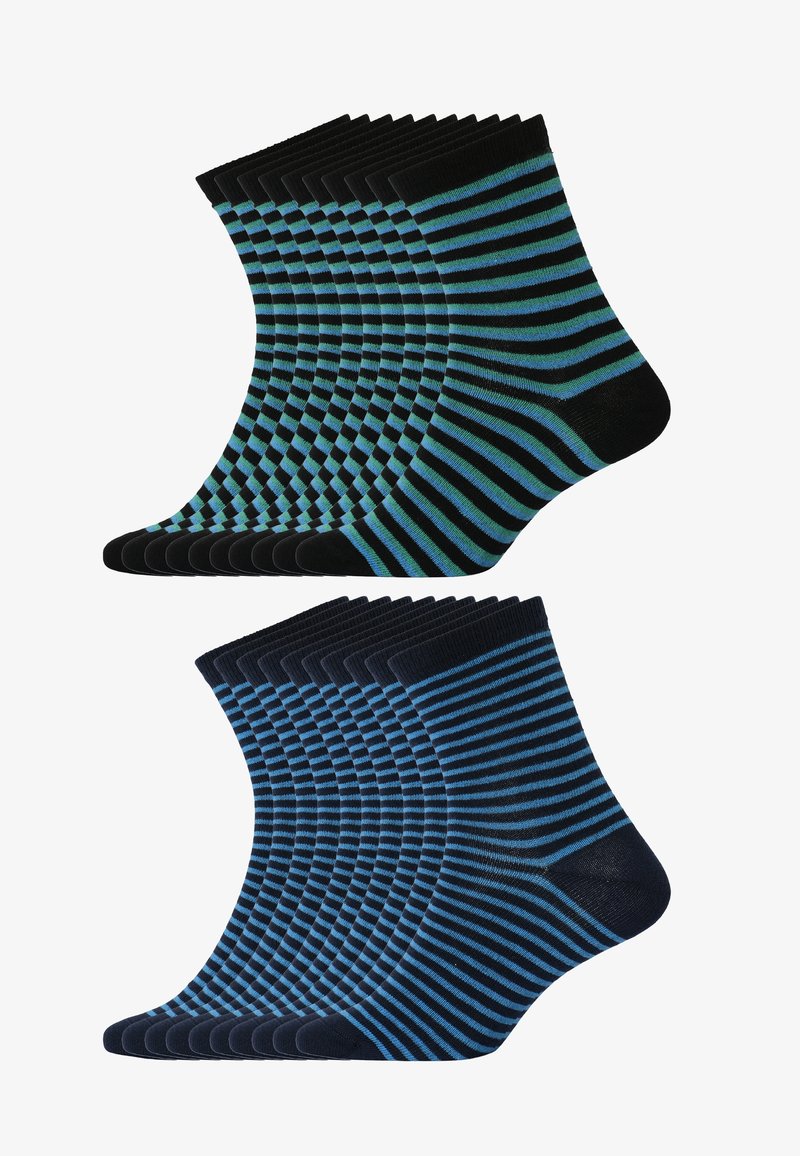 Herresokker sæt, der har sorte og blå striber. Det øverste par har tynde, turkise striber, mens det nederste par har bredere blå striber.