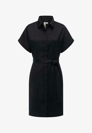 Zwarte shirtjurk van gladde stof, met een kraag, korte mouwen, knopen aan de voorkant en een bijpassende stoffen riem in de taille.