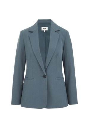 Tyrkysový blazer vyrobený z texturované tkaniny, s vykrojeným límcem, zapínáním na jeden knoflík a dvěma předními kapsami.