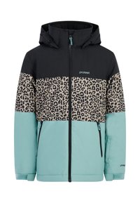 Giacca invernale colorata con cappuccio e parte superiore neri, una parte centrale con stampa leopardata e una parte inferiore verde menta; include cerniere e tasche.