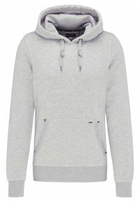 Grauer Kapuzenpullover mit einer Vorderfronttasche, verstellbarem Kordelzug an der Kapuze, gerippten Bündchen und Saum, aus einem weichen, strukturierten Stoff gefertigt.