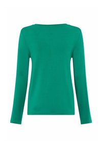 Chemise verte unie à manches longues avec encolure ronde, vue de dos sur fond blanc.