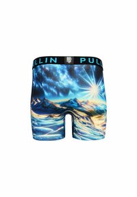 Boxer shorts affichant un imprimé coloré de galaxie et de paysage montagneux, confectionnés en tissu extensible avec une ceinture noire portant la mention "PULLIN".