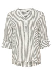 Camicia bianca con strisce orizzontali grigie, scollo a V, con bottoni, e maniche arrotolate 3/4. Vestibilità ampia con una linea dell'orlo leggermente curvata.