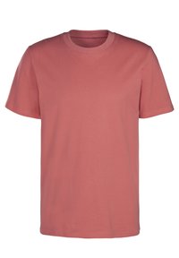 Short-sleeve T-shirt in dusty rose color, made of soft cotton fabric. Classic crew neck design with a smooth texture and no visible seams.