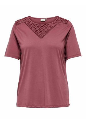 T-shirt à manches courtes couleur bordeaux, fabriqué en tissu lisse avec un décolleté en V accentué de dentelle. Coupe décontractée avec un ourlet droit.