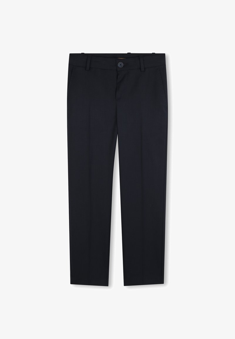 Pantalons de costume bleu marine avec une coupe ajustée, fabriqués en tissu texturé. Dotés d'une fermeture à bouton, de passants de ceinture et de poches latérales.