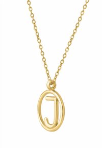 Guldhalskæde med en rund vedhæng med bogstavet "J", glat tekstur og en kæde med ovale led.