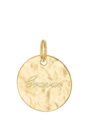Round hammered gold pendant with cursive engraving that reads "Gravur" and a gold loop for attaching to a chain or bracelet.