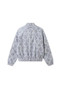 Veste polaire grise et blanche à motifs, manches longues, poignets élastiques et taille élastique, vue de dos sur fond blanc.
