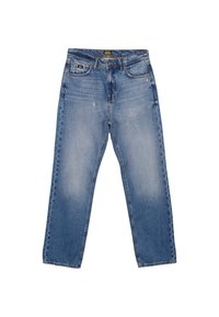 Jeans in denim azzurro chiaro con taglio dritto, texture sbiadita, cinque tasche e chiusura a bottoni, con una patch del marchio sulla vita.