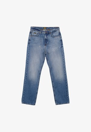 Jasnoniebieskie dżinsy o prostym kroju, z wyblakłą teksturą, pięcioma kieszeniami i zapięciem na guzik, z markową naszywką na pasku.