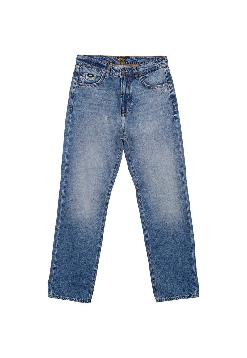 Jeans in denim azzurro chiaro con taglio dritto, texture sbiadita, cinque tasche e chiusura a bottoni, con una patch del marchio sulla vita.
