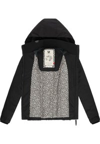 Veste à capuche noire en tissu lisse. Doublée d'un motif floral, elle possède une fermeture zippée et des poignets élastiques pour un look ajusté.