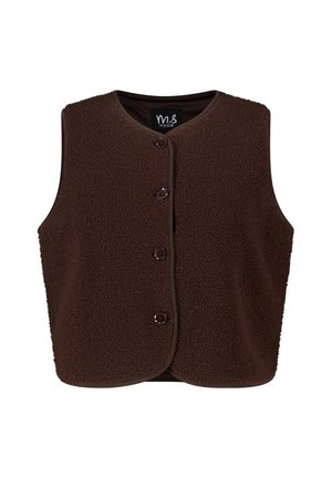 Veste sans manches en polaire marron avec un col rond, une fermeture à boutons sur le devant et une doublure lisse. Texture douce avec quatre boutons.