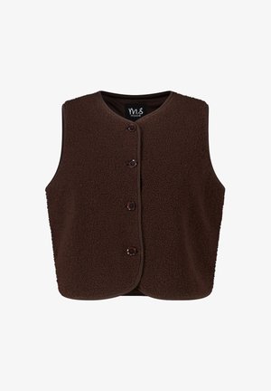 Bruine fleecevest met een ronde hals, knoopsluiting aan de voorkant en mouwloos. Zachte textuur met een gladde voering en vier knopen.