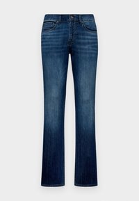 Tmavě modré džíny z denimu s rovnými nohavicemi, pěti kapsami a zapínáním na knoflík. Tkanina vykazuje jemnou vybledlou texturu.