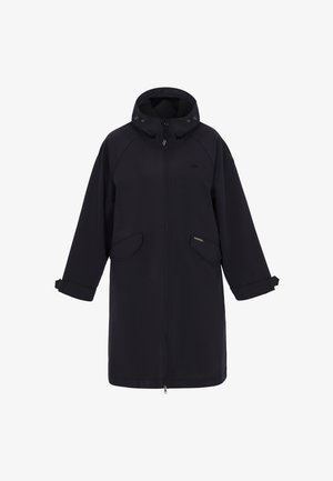 Pardesiu lung negru de ploaie, cu glugă, fermoar frontal, două buzunare cu clapetă și manșete reglabile.
