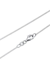 Silberne Metallkettenschnur mit feiner gewebter Textur, ausgestattet mit einem Karabinerhaken und Gliedern, die mit "925" für Sterling Silberqualität gekennzeichnet sind.