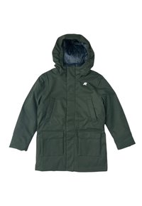 Parka impermeabile verde con cappuccio, due tasche frontali e un morbido rivestimento interno. Presenta un logo sul petto. Design a taglio dritto.