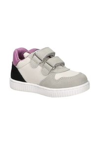 Scarpa da ginnastica grigia e bianca con due fasce in Velcro, dettagli in suede testurizzato e fodera viola. Presenta una suola in gomma bianca e un pannello posteriore nero.