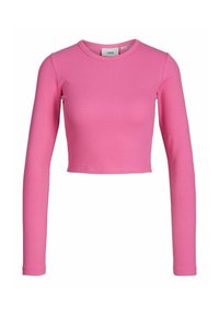 Passformad långärmad crop top i ribbat rosa tyg. Enkel rund halsringning och sömlösa ärmslut. Texturerad design över hela toppen.