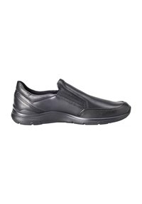Svart slip-on sko laget av glatt lær, med elastiske sidestrikker, rund tå og en teksturert gummisåle for godt feste.