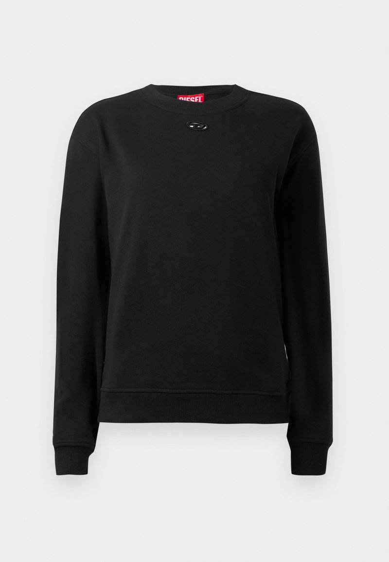 Felpa nera in tessuto morbido, con scollo rotondo, maniche lunghe e un piccolo logo circolare vicino al colletto.