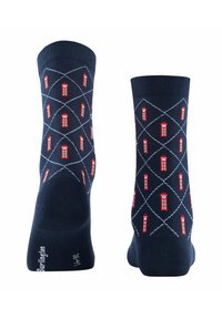 Granatowe skarpetki z wzorem w diamenty, przedstawiające czerwone budki telefoniczne oraz białe linie. Wykonane z miękkiego materiału z elastycznym ściągaczem dla większego komfortu.