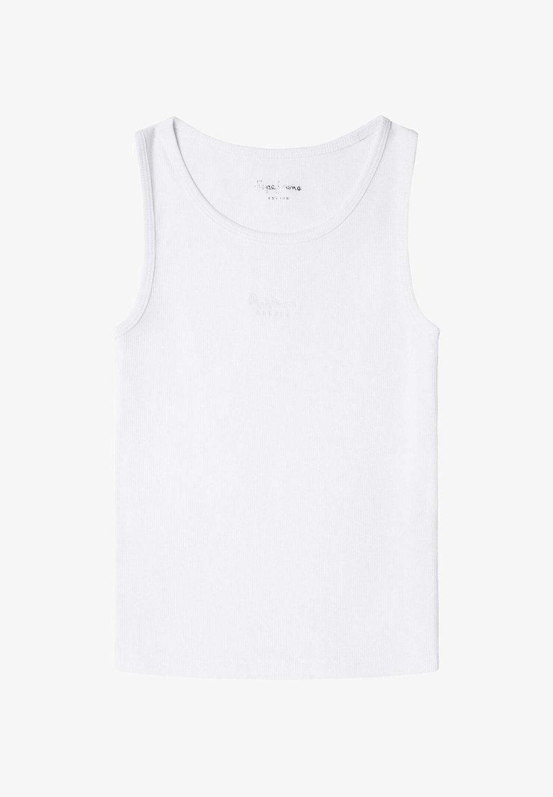 Valge ribadega tank top ümara kaelusega ja laia õlavarre taljega. Ees on peenelt reljeefne logo detail. Pehme puuvillane tekstuur.