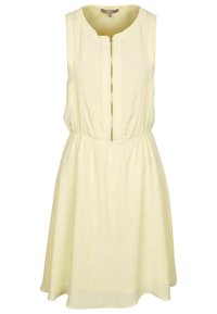 Vestido sin mangas de color amarillo claro con cremallera frontal, cintura elástica y una tela suave y fluida. Diseño simple y escote redondeado.