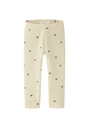 Cremfarbene Baby-Leggings mit verstreuten kleinen silbernen Herzmustern, elastischem Bund und langen Beinen.