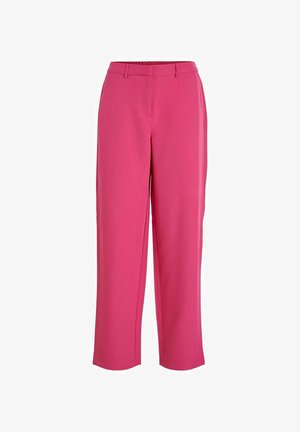 Pantaloni roz, croiți pe măsură, dintr-un material neted, cu un design cu picior drept, având buzunare laterale și un tiv pentru o ajustare sigură.