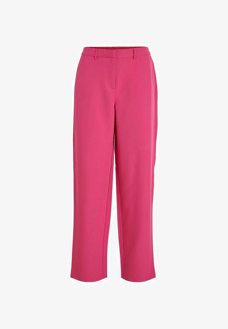 Roze krojene hlače od glatkog materijala s ravnim nogavicama, koje imaju bočne džepove i pojas za sigurno pristajanje.
