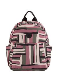 Sac à dos dans un motif abstrait rose, vert et noir, en matériau textile, de forme arrondie, fermeture à glissière, et poche avant avec un détail de badge arrondi.