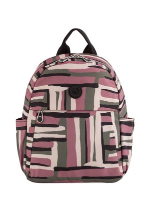 Rucksack im abstrakten Muster in Pink, Grün und Schwarz, aus Textilmaterial, runde Form, mit Reißverschlussverschluss und Fronttasche mit abgerundetem Badge-Detail.