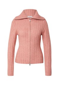 Rosa geripptes Strickjacke mit Reißverschluss, langen Ärmeln und breitem Kragen, enganliegende Silhouette.