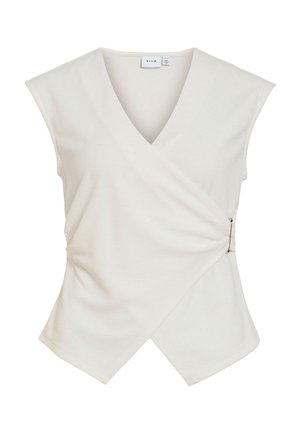 Kremna zgornja majica brez rokavov z V-izrezom in stranskim zatičem, prilegajoča v pasu z asimetričnim robom.