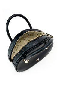 Borsa a mano in pelle nera con forma arrotondata, zip dorata e doppi manici. L'interno presenta una fodera beige con un motivo a logo ripetuto.